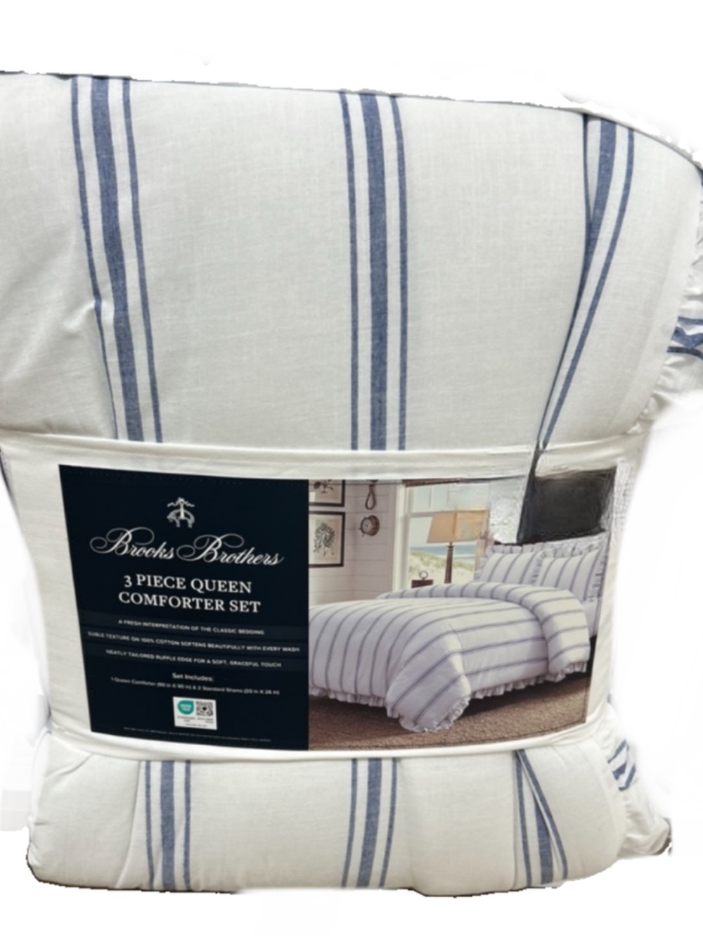 Brooks Brothers White and Blue Striped Queen Comforter Set with Ruffle Trim